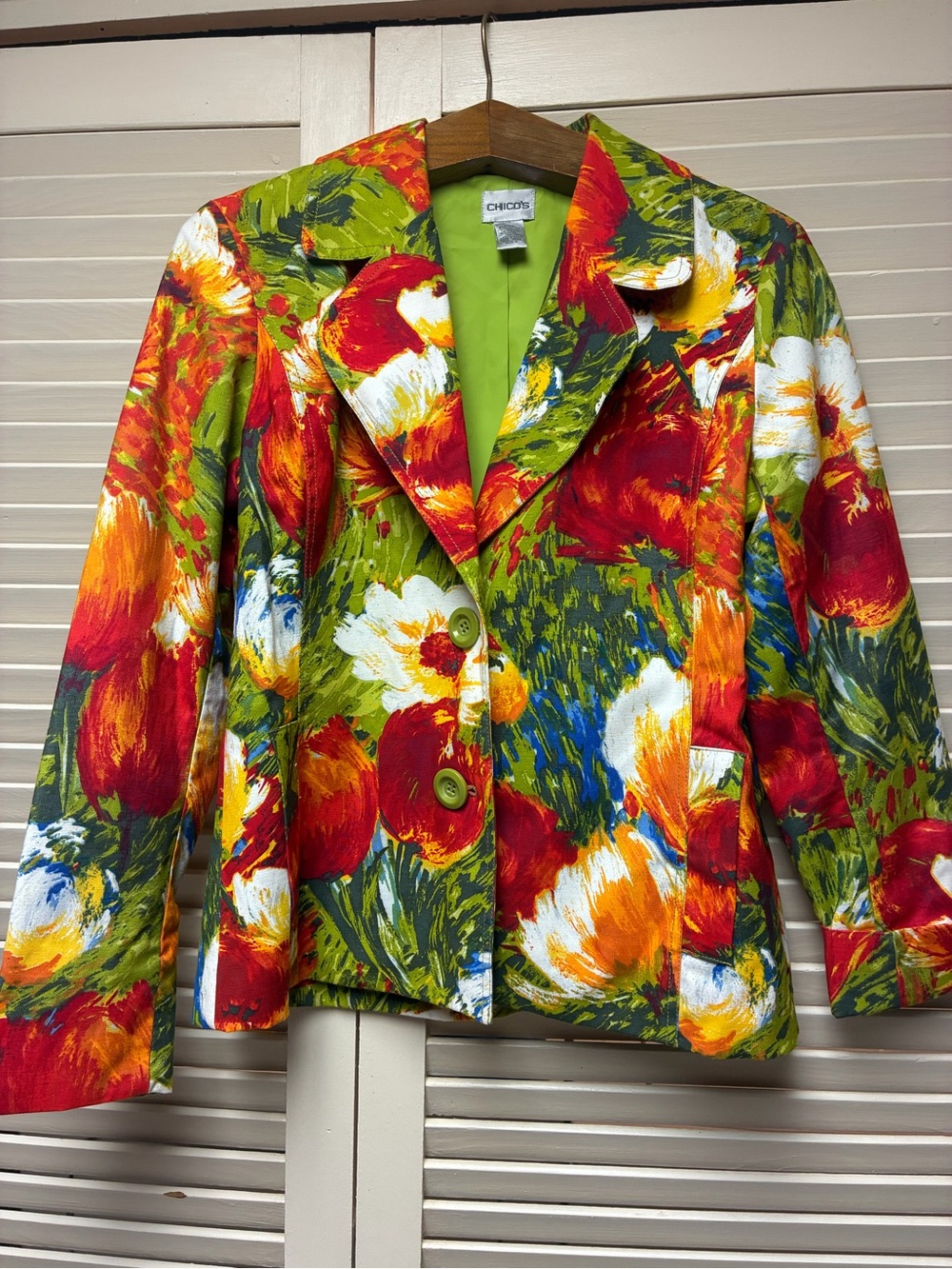 Chico's Floral Painterly Blazer in Green and Red